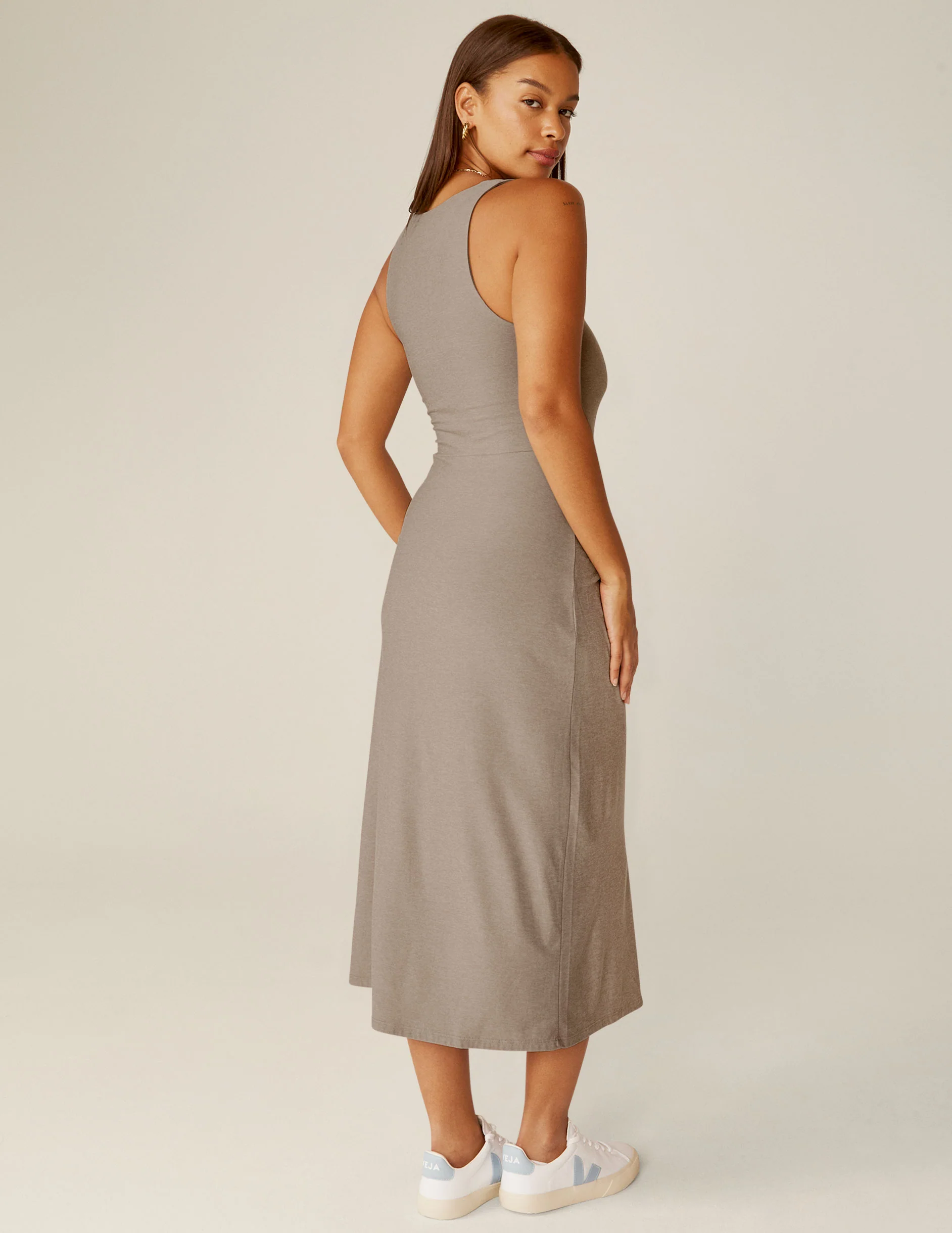 Featherweight Square Neck Slit Midi Dress - Onhollan