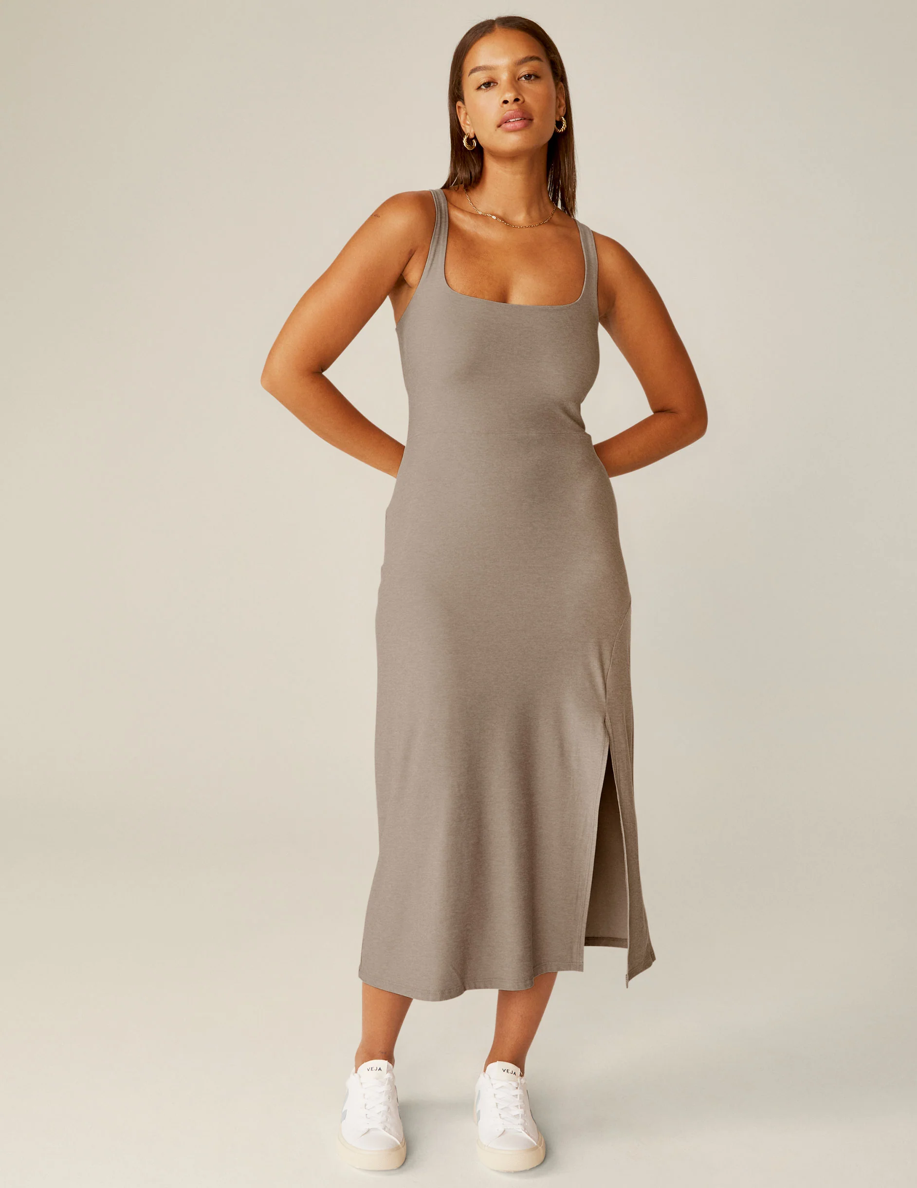 Featherweight Square Neck Slit Midi Dress - Onhollan